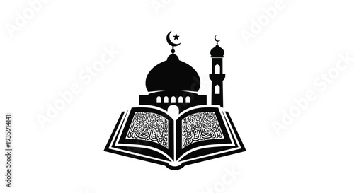 Islamic symbolism featuring a mosque crescent moon and open holy book
