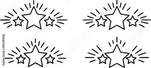 Outline icon talent acquisition, employee award, customer satisfaction, success. Line sign three stars above man with his hands raised. Vector isolated pictograms on white background editable stroke.