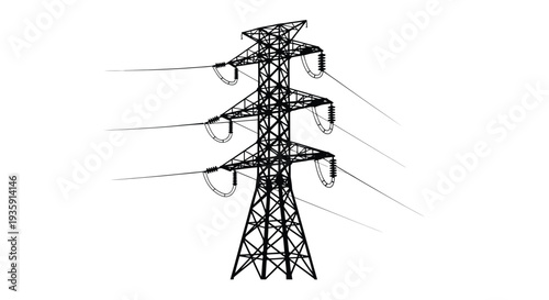 A stark black silhouette of a high voltage electricity transmission tower