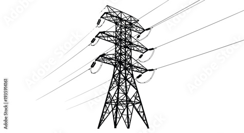 A stark black and white illustration of a high voltage power transmission tower