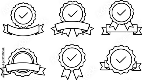 Approved seal certification badge, premium quality outline icons. Line signs badge, medallion rosette with checkmark and ribbon. Vector isolated pictograms for web on white background editable stroke.