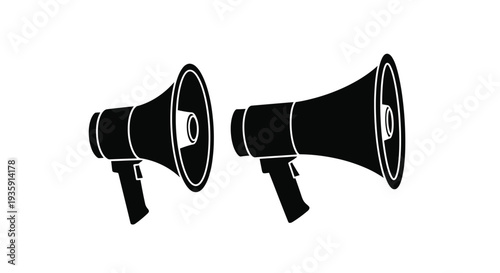 Two black megaphones displayed side by side on a white background