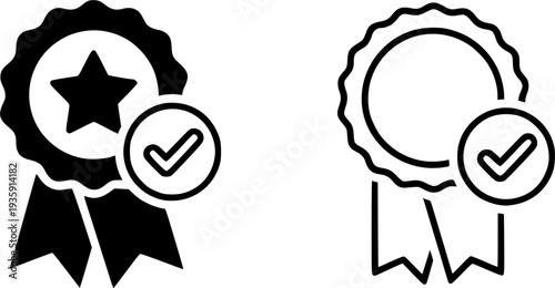 Approved seal certification badge, premium quality outline icons. Line signs badge, medallion rosette with checkmark and ribbon. Vector isolated pictograms for web on white background editable stroke.