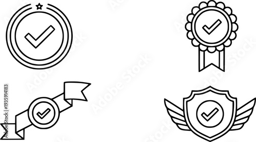 Quality guarantee, certification trust, approval minimal outline icon. Line sign hand holding award badge with check mark. Vector isolated pictograms for web app on white background editable stroke.