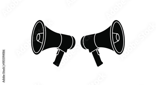 Two black megaphones facing slightly apart on a white background