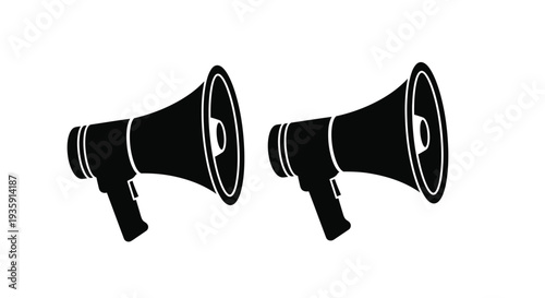 Two black megaphone icons facing opposite directions on a white background