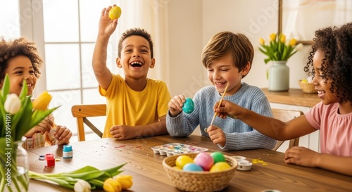 Multicultural kids focus on egg decorating at a rustic wooden table. Natural daylight creates a soft and authentic holiday atmosphere. Spring Easter