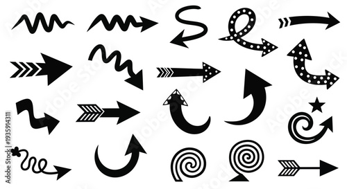 Collection of various black arrows and curved lines on a white background