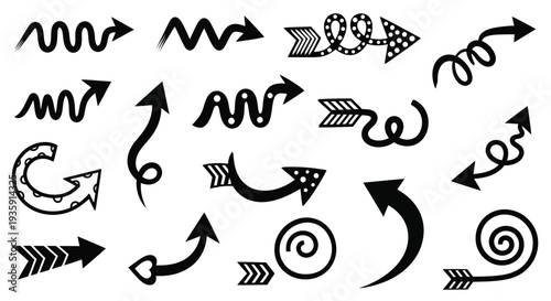 Collection of various black arrows and curved line designs on white