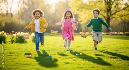 Three multicultural children run across a green park lawn during an Easter egg hunt. Bright spring sunlight fills the joyful outdoor scene. Spring Easter