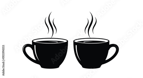 Two black coffee cups with steam rising simple graphic illustration