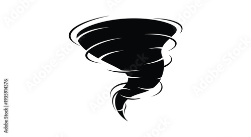 Dramatic black silhouette of a swirling tornado against a white background