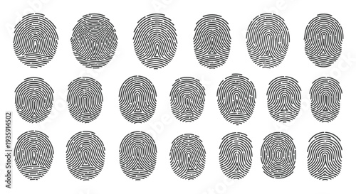 Arrangement of black fingerprints on a white background repeating pattern