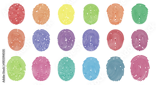 Colorful fingerprints arranged in a grid pattern against a white background