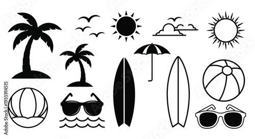 Black and white illustration of tropical summer vacation elements