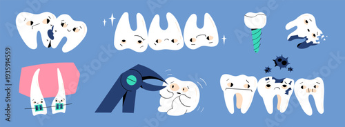 Set of cute cartoon teeth with dental problems and treatment tools. Tooth decay, implant, braces and dentist care elements for dental health education design