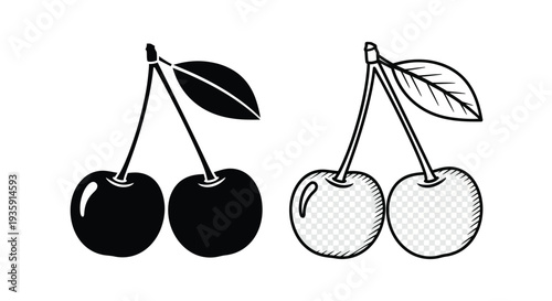 Two pairs of cherries depicted in contrasting black and white styles