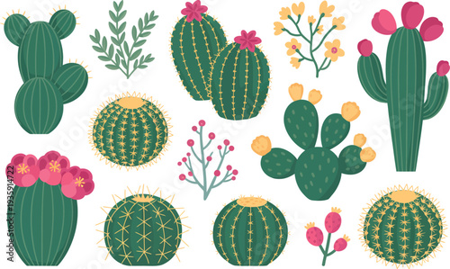 Charming illustration of various desert cacti with blooming flowers and prickly textures, ideal for nature and quirky design elements.