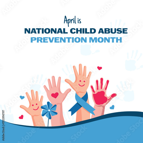 Vector poster on the social theme "April is Child Abuse Prevention Month." Children's hands, blue ribbon and blue pinwheel.