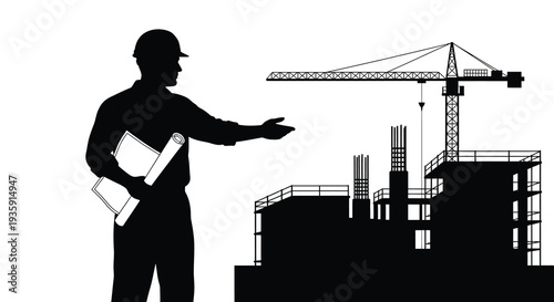 A construction worker gestures towards a building site with a crane represented in a stark black silhouette high quality