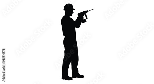 A construction worker operates a power drill against a plain white background presented as a striking silhouette high quality