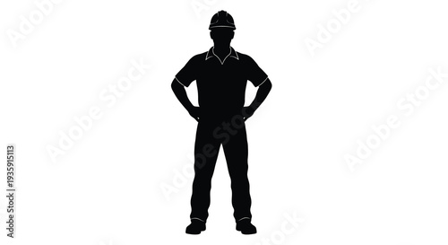 A stark black silhouette depicts a construction worker in work attire standing confidently with hands on hips silhouette