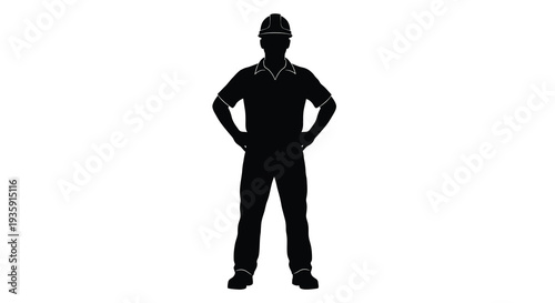 A stark black silhouette depicts a construction worker standing confidently with hands on hips showcasing a powerful silhouette