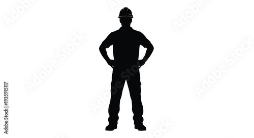 A full body depiction of a construction worker in a hard hat standing confidently with hands on hips silhouette