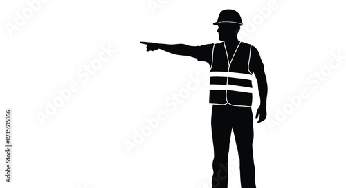 A construction worker in a safety vest points forward depicted as a stark black shape against a white background silhouette