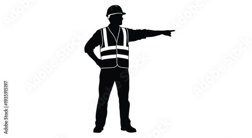 A construction worker in safety vest and hard hat points forward a striking black silhouette high quality professional detailed