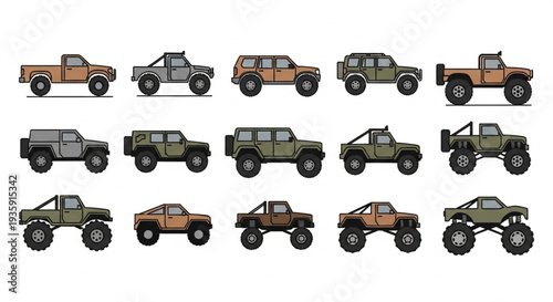 Collection of Off Road Vehicles and Trucks Pixel Art Style.