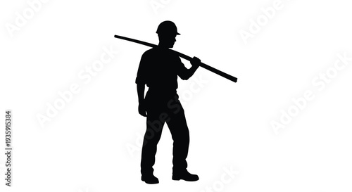 A stark black silhouette of a construction worker carrying a wooden beam across his shoulders a powerful silhouette