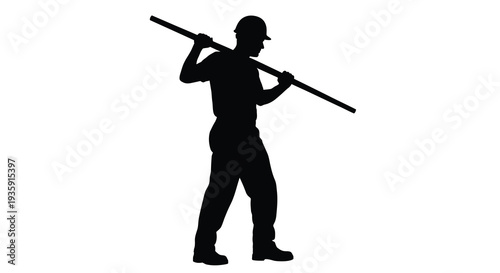 A stark black silhouette of a worker carrying a long pole across his shoulders a classic visual representation silhouette