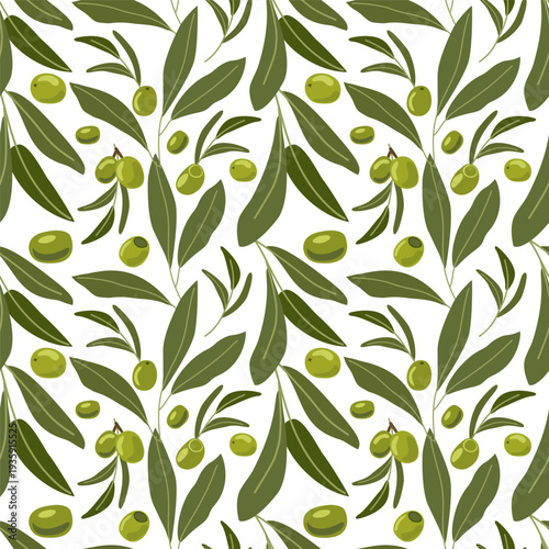 Seamless Olive Leaves and Green Fruit Pattern