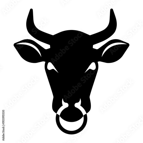 Bull head silhouette with nose ring and horns for livestock farming mascot. Organic beef butcher, cattle ranch symbol, and steakhouse logo icon.