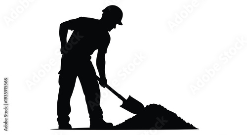 A black silhouette depicts a worker using a shovel to move a mound of earth highlighting manual labor silhouette