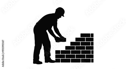 A stark black silhouette depicts a construction worker carefully placing a brick on a partially built wall silhouette
