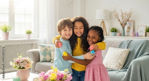 Diverse kids embrace each other after decorating colorful Easter eggs. Natural daylight fills the cozy interior with joy. Spring Easter