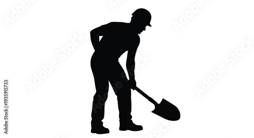 A stark black silhouette depicts a worker bending forward gripping a shovel during manual labor silhouette high quality professional