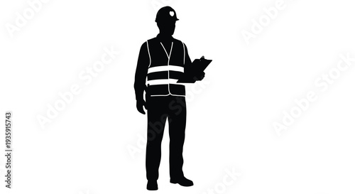 A stark black silhouette depicts a construction worker holding a clipboard illustrating professional site oversight silhouette high quality detailed