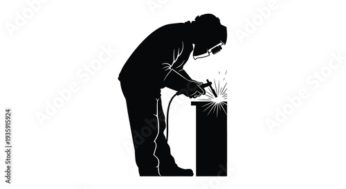 A skilled worker intensely focused on welding metal depicted as a dramatic black shape silhouette high quality professional detailed