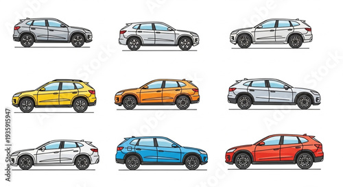 Collection of Modern SUV Cars in Different Colors.