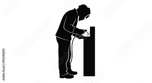 A stark black silhouette depicts a welder intensely focused on their work creating a bright spark silhouette high quality