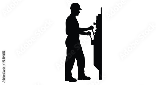 A black silhouette depicts a worker operating complex machinery showcasing industrial labor and technical skill silhouette high quality professional
