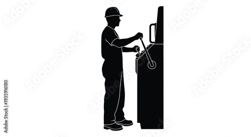 A stark black silhouette depicts a worker operating industrial machinery showcasing a modern factory environment silhouette high quality professional