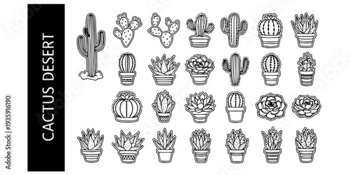 Cactus Desert Succulent Plant Hand Drawn Black Vector Icon Set - Saguaro Prickly Pear Garden Line Art Collection
