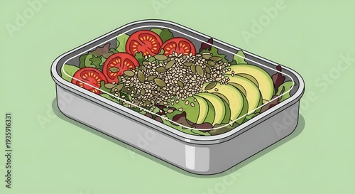 Illustrated fresh salad with avocado, tomato, and seeds in container