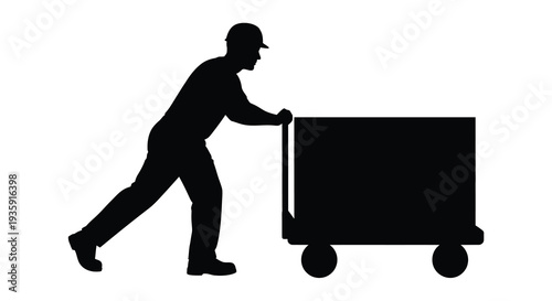 A stark black silhouette depicts a worker pushing a hand truck emphasizing labor and movement silhouette high quality professional