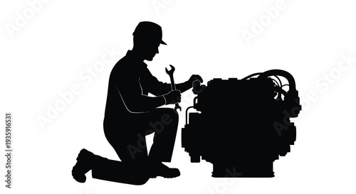 A mechanic is kneeling and working on a complex engine shown in a striking black silhouette high quality professional