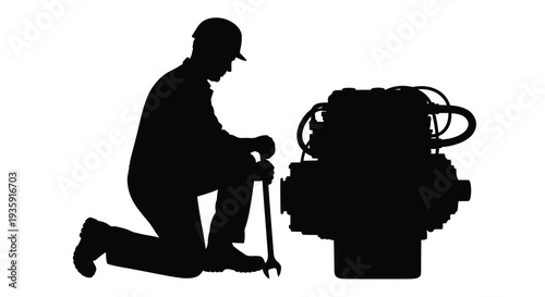 A mechanic kneeling and working on a complex engine highlighted in stark contrast as a silhouette high quality professional